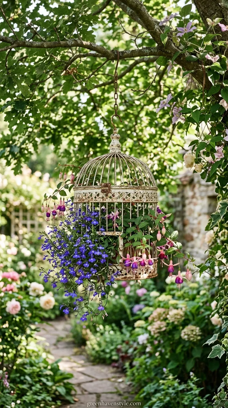 12. Vintage Birdcage Hanging Planter