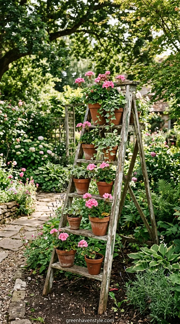 3. Weathered Wooden Ladder Planter