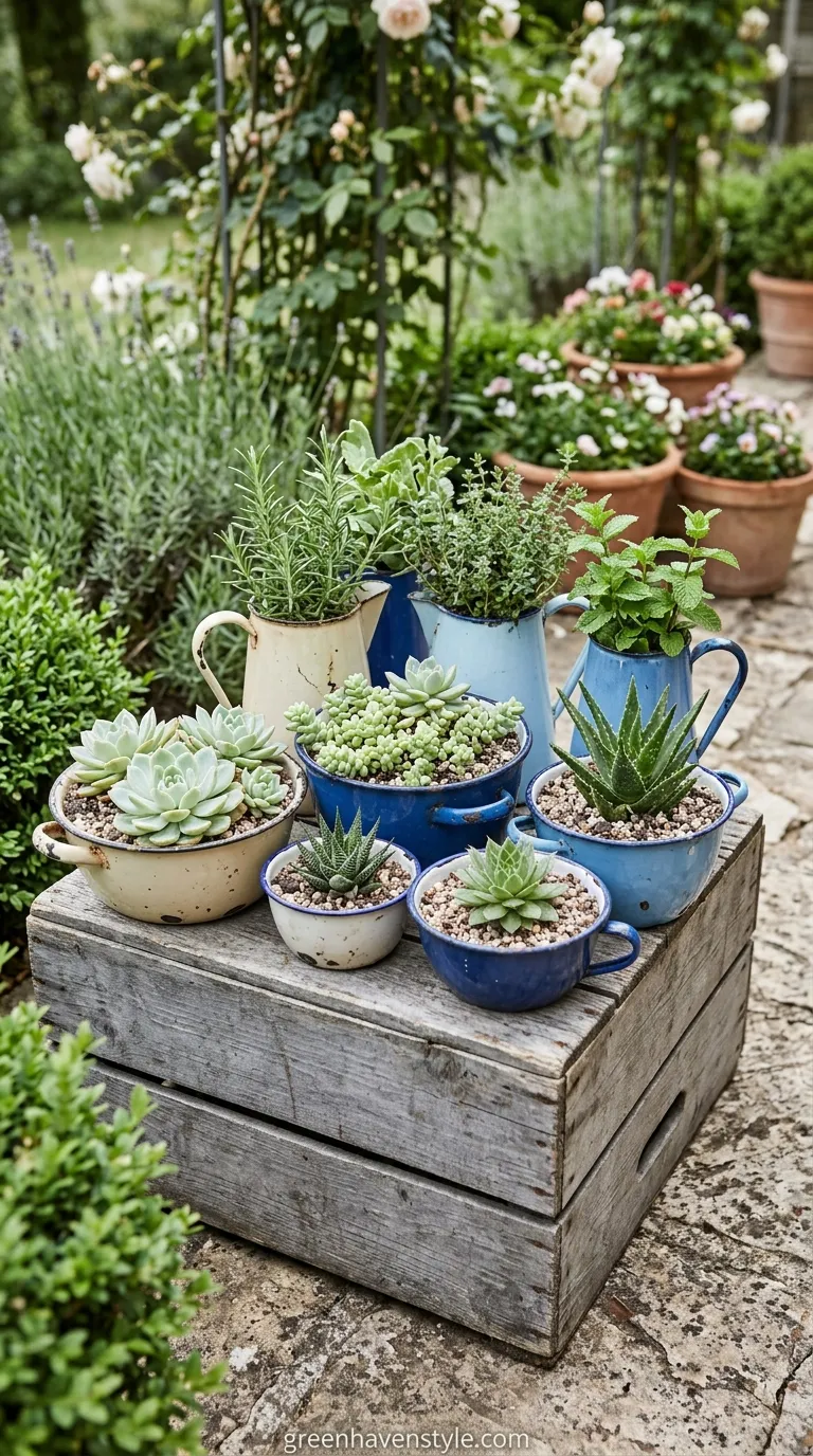5. Enamelware Container Gardens