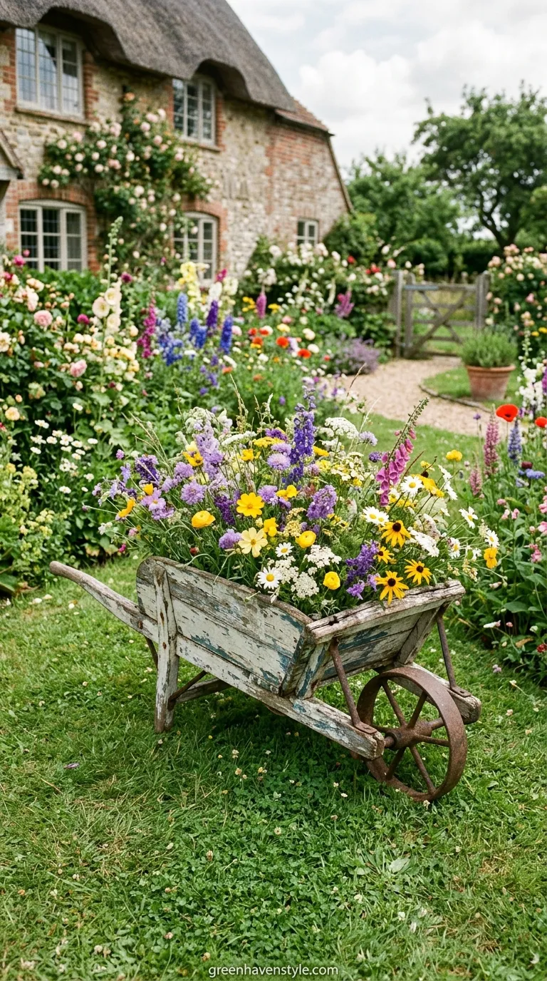 Old Wheelbarrows Filled with Flowers
