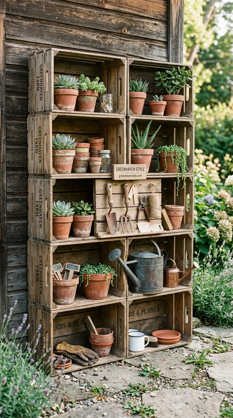 Repurposed Wooden Crate Shelves